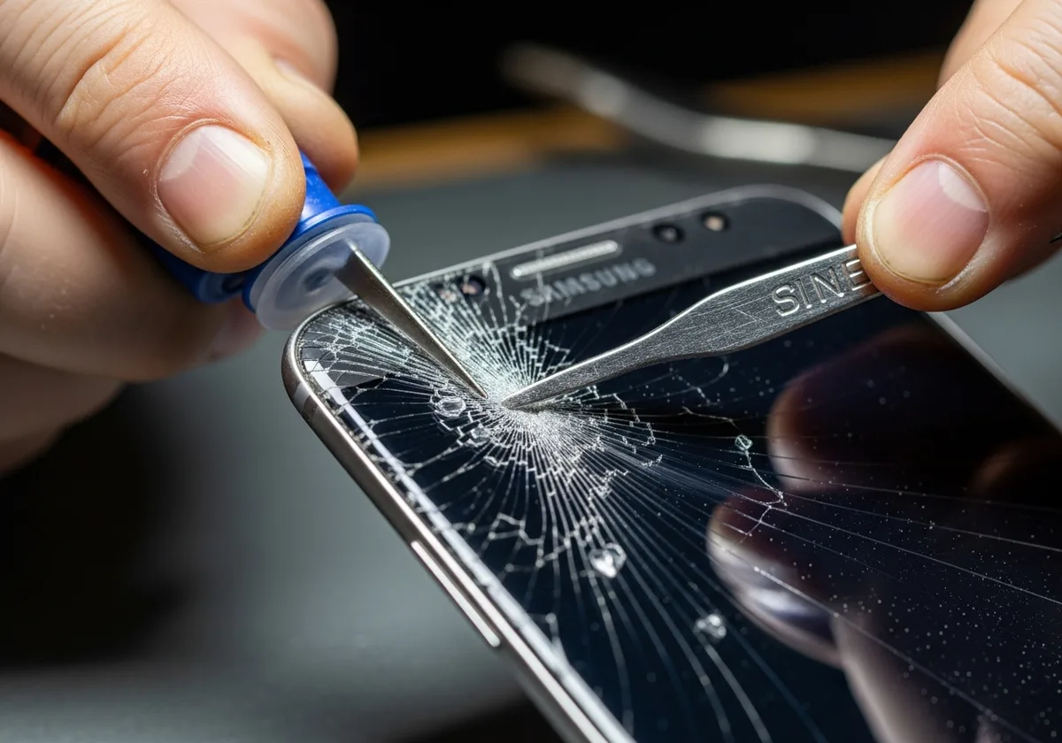 Cambio de pantalla rota en Samsung Galaxy — proceso de extracción de display dañado
