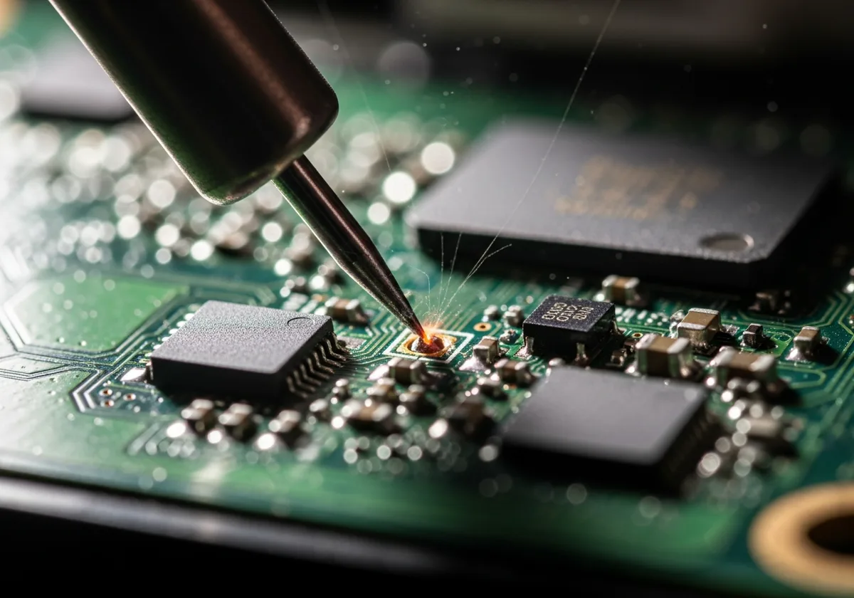 Reparación de placa base de iPhone con soldadura de precisión
