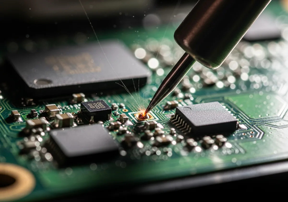 Micro-soldadura en placa madre de celular — reparación a nivel de componentes