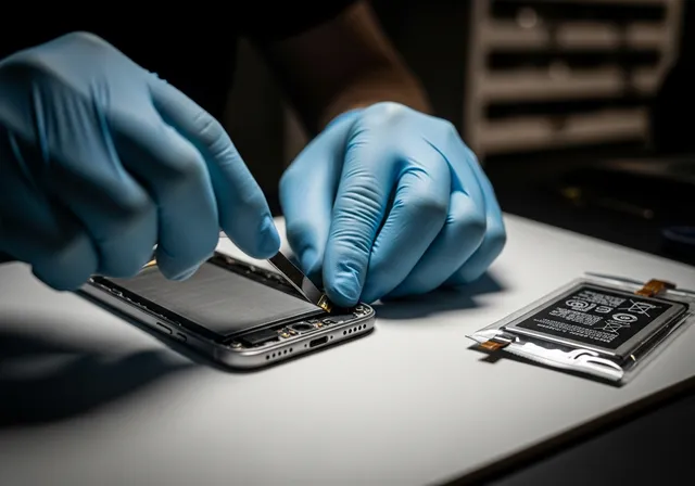 Reemplazo de batería de celular Samsung Galaxy con guantes profesionales