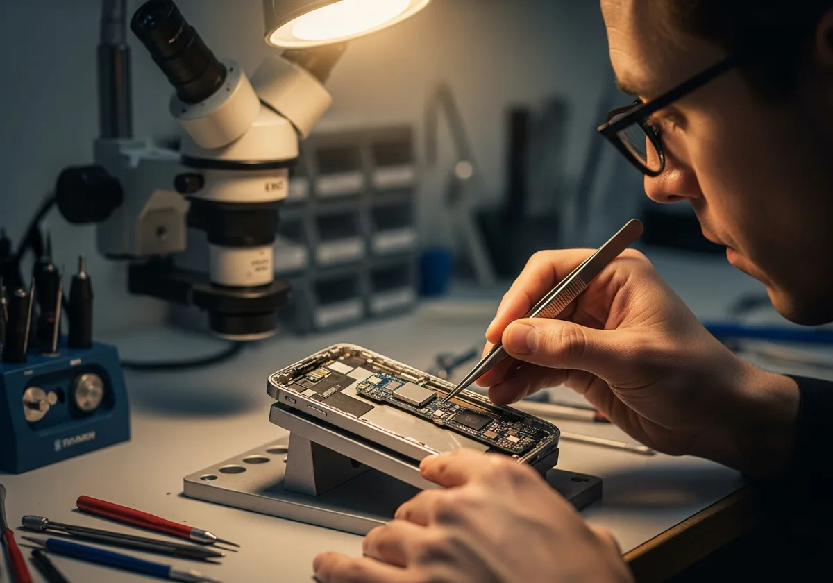 Reparación de iPhone en taller especializado de San José — microscopio y herramientas profesionales